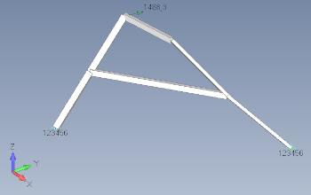assembly of bars in 3D space with different bar orientation loaded with a single nodal force clamped on two nodes