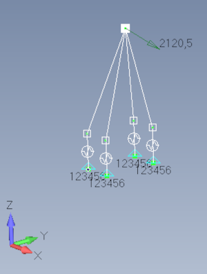 test case with 4 CBUSHs and one RBE2 elements loaded with nodal force (LC1) and mass with acceleration (LC2)